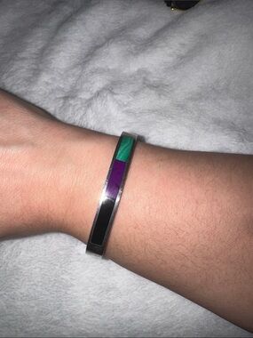 Silver Bangle Bracelet with Green, Purple and Black stone-Mexico